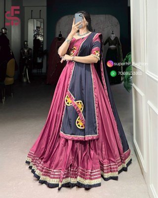  Lehenga Choli 1656 Pink Colour silk crepe fabric with sequins, thread embroidery, original mirror Gamthi work, cowrie Kodi, and Gotta Patti lace Who lehenga choli