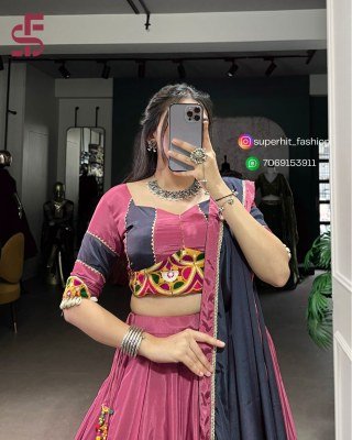  Lehenga Choli 1656 Pink Colour silk crepe fabric with sequins, thread embroidery, original mirror Gamthi work, cowrie Kodi, and Gotta Patti lace Who lehenga choli