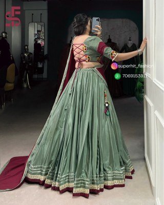  Lehenga Choli 1656 Pista Colour silk crepe fabric with sequins, thread embroidery, original mirror Gamthi work, cowrie Kodi, and Gotta Patti lace Who lehenga choli