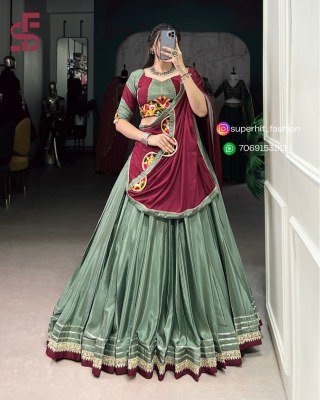  Lehenga Choli 1656 Pista Colour silk crepe fabric with sequins, thread embroidery, original mirror Gamthi work, cowrie Kodi, and Gotta Patti lace Who lehenga choli