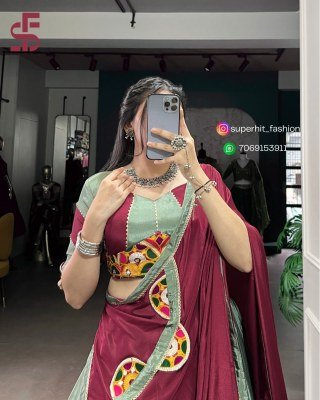  Lehenga Choli 1656 Pista Colour silk crepe fabric with sequins, thread embroidery, original mirror Gamthi work, cowrie Kodi, and Gotta Patti lace Who lehenga choli