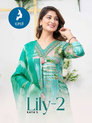Lily 2 by kaya reyon foil printed best design kurti pant and dupatta catalogue at low rate readymade suit catalogs