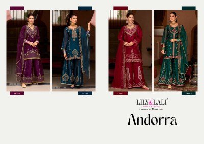 Lily And Lali Andorra Festival Collection Fancy Silk Kurti with Hand Embroidery Divider Palazzo And Net Cutwork Dupatta Wholesale kurtis catalogs