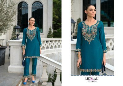 Lily And Lali Anora Co Ord Set Embroidered Pure Tusser Silk Top with Handwork   Lined Tusser Silk Embroidered Pants with Pockets Wholesale co ord set catalogs