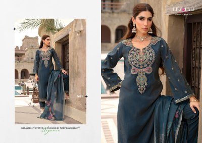 Lily And Lali Ariana Embroidered Simmer Silk Suit Set with Cotton Lining  Daman And Sleeve Handwork  and Floral Print Dupatta with Tassels And Lace Wh kurtis catalogs