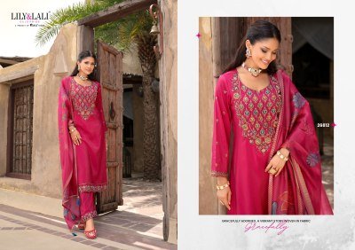 Lily And Lali Ariana Embroidered Simmer Silk Suit Set with Cotton Lining  Daman And Sleeve Handwork  and Floral Print Dupatta with Tassels And Lace Wh kurtis catalogs