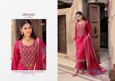 Lily And Lali Ariana Embroidered Simmer Silk Suit Set with Cotton Lining  Daman And Sleeve Handwork  and Floral Print Dupatta with Tassels And Lace Wh kurtis catalogs