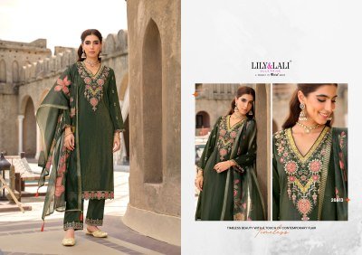 Lily And Lali Ariana Embroidered Simmer Silk Suit Set with Cotton Lining  Daman And Sleeve Handwork  and Floral Print Dupatta with Tassels And Lace Wh kurtis catalogs