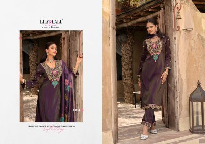 Lily And Lali Ariana Embroidered Simmer Silk Suit Set with Cotton Lining  Daman And Sleeve Handwork  and Floral Print Dupatta with Tassels And Lace Wh kurtis catalogs