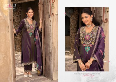 Lily And Lali Ariana Embroidered Simmer Silk Suit Set with Cotton Lining  Daman And Sleeve Handwork  and Floral Print Dupatta with Tassels And Lace Wh kurtis catalogs