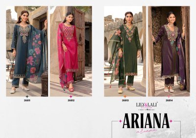 Lily And Lali Ariana Embroidered Simmer Silk Suit Set with Cotton Lining  Daman And Sleeve Handwork  and Floral Print Dupatta with Tassels And Lace Wh kurtis catalogs
