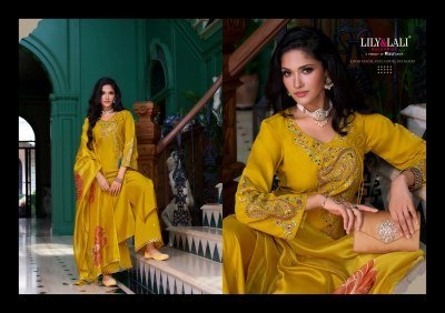 Lily And Lali Embroidered Angrakha Kurti Set with Mirror Work with Pocket Embroidered Palazzo And Organza Dupatta Wholesale kurtis catalogs