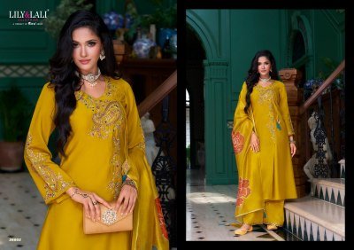 Lily And Lali Embroidered Angrakha Kurti Set with Mirror Work with Pocket Embroidered Palazzo And Organza Dupatta Wholesale kurtis catalogs