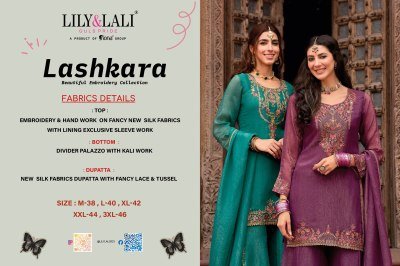 Lily And Lali Lashkara New Silk Embroidered Kurti Set with Handwork Divider Palazzo And Dupatta Wholesale kurtis catalogs