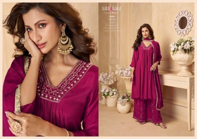 Lily And Lali Ritika Crepe Collection Handwork Kurti with Plazzo And Zari Dupatta Wholesale kurti pant with dupatta Catalogs