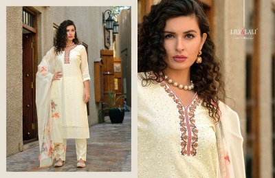 Lily And Lali White Lotus Premium Collection Schiffli Work Kurti Pant Dupatta Set Wholesale Kurti Catalogue  readymade suit catalogs