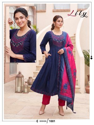 Lily Vol. 1 Vertican Plain Embroidered Kurti Pant with Digital Dupatta Set kurti pant with dupatta Catalogs