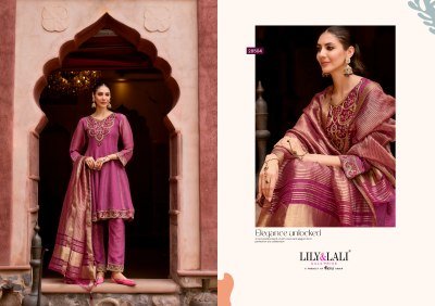 Lily and Lali Vaani Fancy Silk Embroidered Kurti Catalogs with Handwork Kali Work Bottom And Viscose Shimmer Dupatta Wholesale kurti pant with dupatta Catalogs