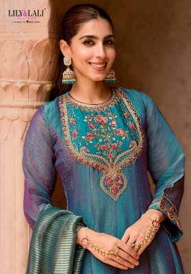 Lily and Lali Vaani Fancy Silk Embroidered Kurti Catalogs with Handwork Kali Work Bottom And Viscose Shimmer Dupatta Wholesale kurti pant with dupatta Catalogs