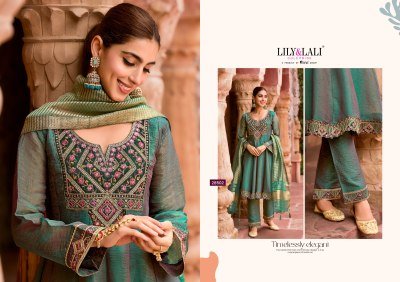 Lily and Lali Vaani Fancy Silk Embroidered Kurti Catalogs with Handwork Kali Work Bottom And Viscose Shimmer Dupatta Wholesale kurti pant with dupatta Catalogs