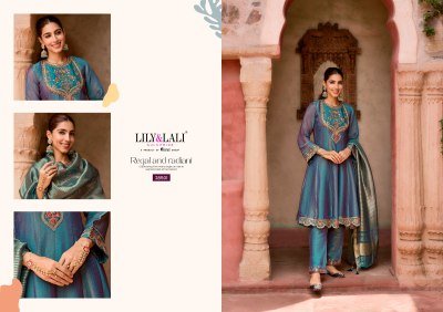 Lily and Lali Vaani Fancy Silk Embroidered Kurti Catalogs with Handwork Kali Work Bottom And Viscose Shimmer Dupatta Wholesale kurti pant with dupatta Catalogs