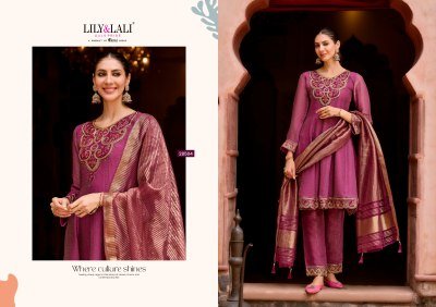 Lily and Lali Vaani Fancy Silk Embroidered Kurti Catalogs with Handwork Kali Work Bottom And Viscose Shimmer Dupatta Wholesale kurti pant with dupatta Catalogs
