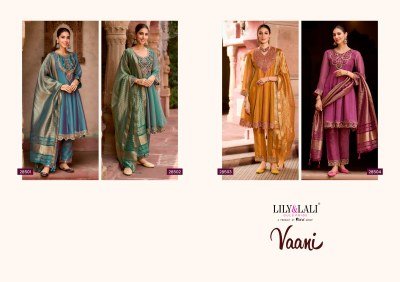 Lily and Lali Vaani Fancy Silk Embroidered Kurti Catalogs with Handwork Kali Work Bottom And Viscose Shimmer Dupatta Wholesale kurti pant with dupatta Catalogs