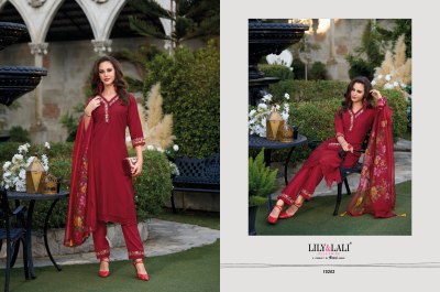 Lily and lali present Malvika embroidered fancy plain straight cut kurti with bottom dupatta catalogue at amaviexpo readymade suit catalogs