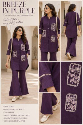 Linen Coord Set with Patch Work Bell Bottom Pants Size wise Combo Set