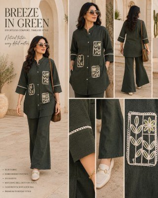 Linen Coord Set with Patch Work Bell Bottom Pants Size wise Combo Set