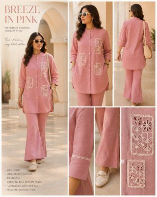 Linen Coord Set with Patch Work Bell Bottom Pants Size wise Combo Set