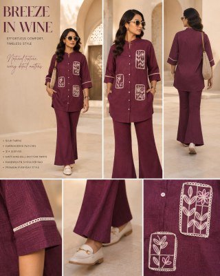 Linen Coord Set with Patch Work Bell Bottom Pants Size wise Combo Set