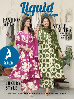 Liquid by Kaya 3 piece heavy reyon printed flair top bottom with dupatta catalogue Kaya kurti