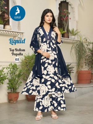 Liquid by Kaya 3 piece heavy reyon printed flair top bottom with dupatta catalogue readymade suit catalogs