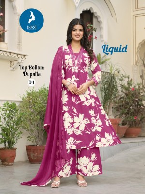 Liquid by Kaya 3 piece heavy reyon printed flair top bottom with dupatta catalogue readymade suit catalogs