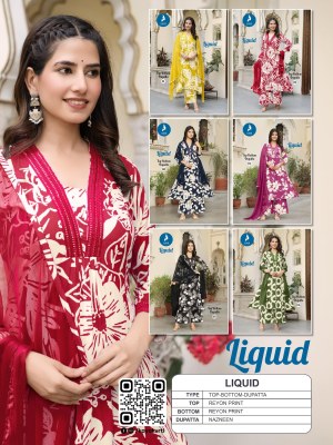 Liquid by Kaya 3 piece heavy reyon printed flair top bottom with dupatta catalogue readymade suit catalogs
