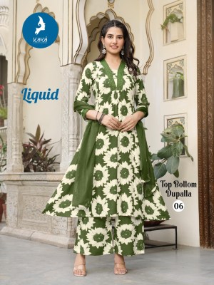 Liquid by Kaya 3 piece heavy reyon printed flair top bottom with dupatta catalogue readymade suit catalogs