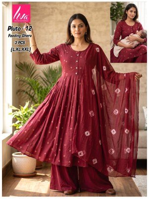 Liva Pluto Feeding Ghera Kurti Palazzo Dupatta Set Size wise Combo Set
