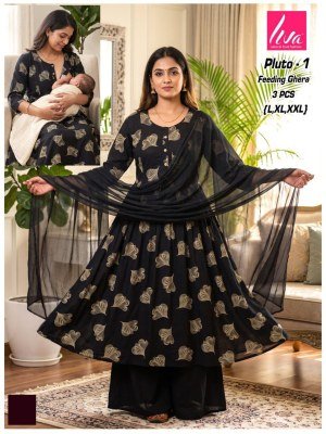 Liva Pluto Feeding Ghera Kurti Palazzo Dupatta Set Size wise Combo Set