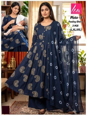 Liva Pluto Feeding Ghera Kurti Palazzo Dupatta Set Size wise Combo Set