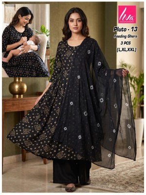 Liva Pluto Feeding Ghera Kurti Palazzo Dupatta Set Size wise Combo Set
