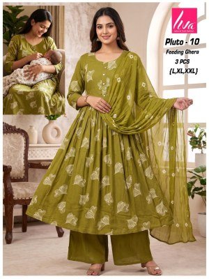 Liva Pluto Feeding Ghera Kurti Palazzo Dupatta Set Size wise Combo Set