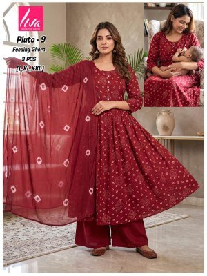 Liva Pluto Feeding Ghera Kurti Palazzo Dupatta Set Size wise Combo Set
