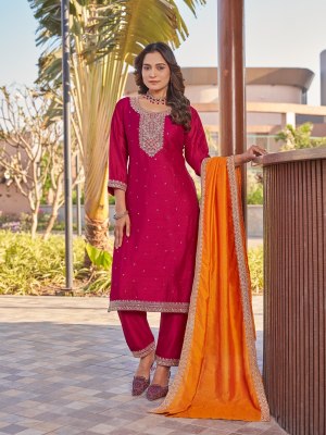 Lizabella by Aanchi Vichitra silk neck embroidered Kurti pant with dupatta catalogue at affordable rate  readymade suit catalogs