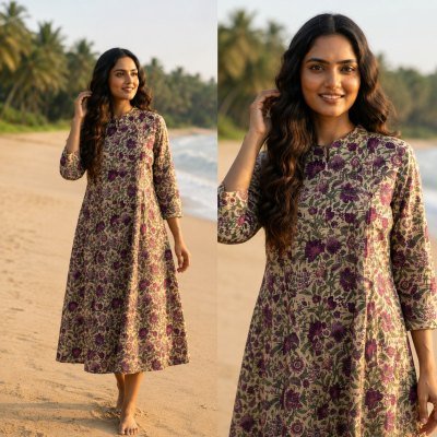 Long Gown Kurti Collection Cotton Printed with Two Side Pockets Size wise Combo Set