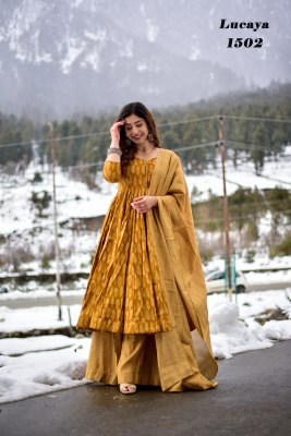 Lucaya Vol 15 by Pure Maslin showcases a stunning flared kurti, palazzo, and dupatta set that exudes elegance and style. This ensemble is crafted from Amavi
