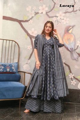 Lucaya Vol 15 by Pure Maslin showcases a stunning flared kurti, palazzo, and dupatta set that exudes elegance and style. This ensemble is crafted from readymade suit catalogs