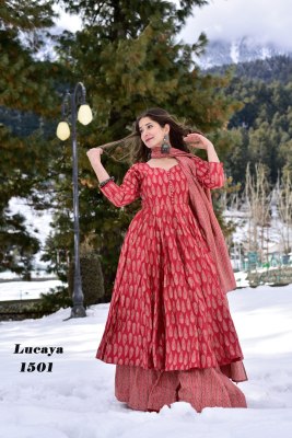 Lucaya Vol 15 by Pure Maslin showcases a stunning flared kurti, palazzo, and dupatta set that exudes elegance and style. This ensemble is crafted from readymade suit catalogs