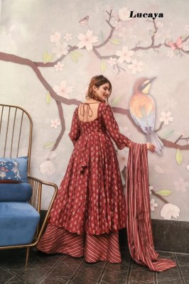 Lucaya Vol 15 by Pure Maslin showcases a stunning flared kurti, palazzo, and dupatta set that exudes elegance and style. This ensemble is crafted from readymade suit catalogs