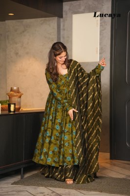 Lucaya Vol 15 by Pure Maslin showcases a stunning flared kurti, palazzo, and dupatta set that exudes elegance and style. This ensemble is crafted from readymade suit catalogs